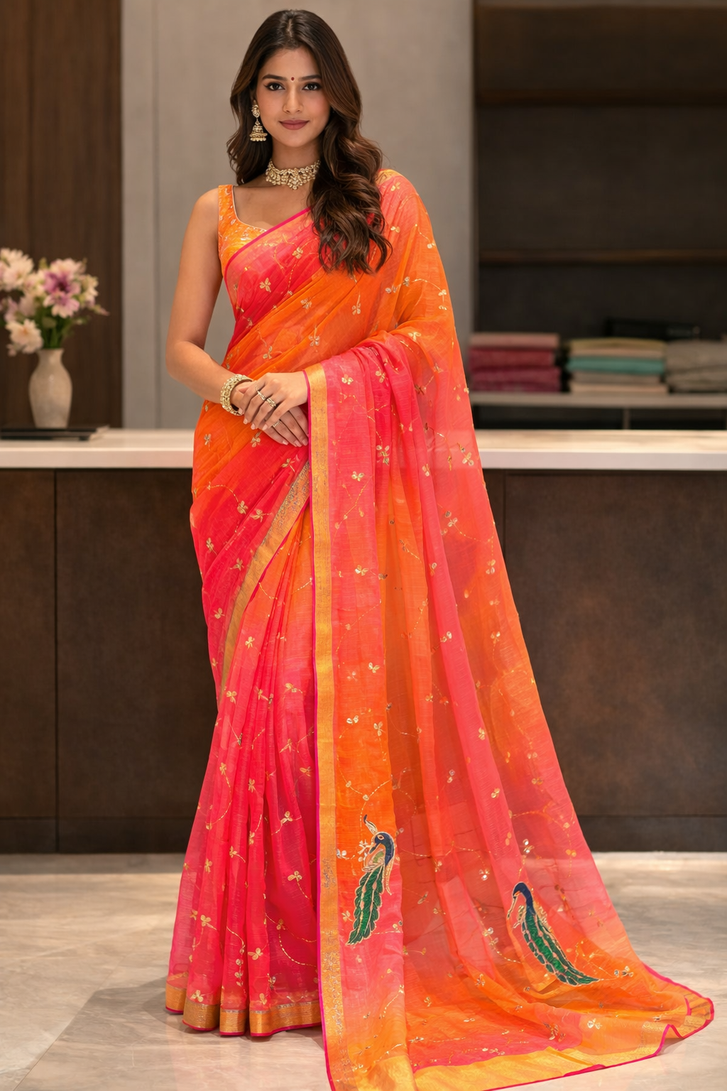 Sunset Peacock Embroidered Saree