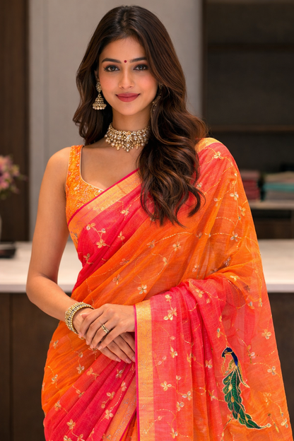 Sunset Peacock Embroidered Saree