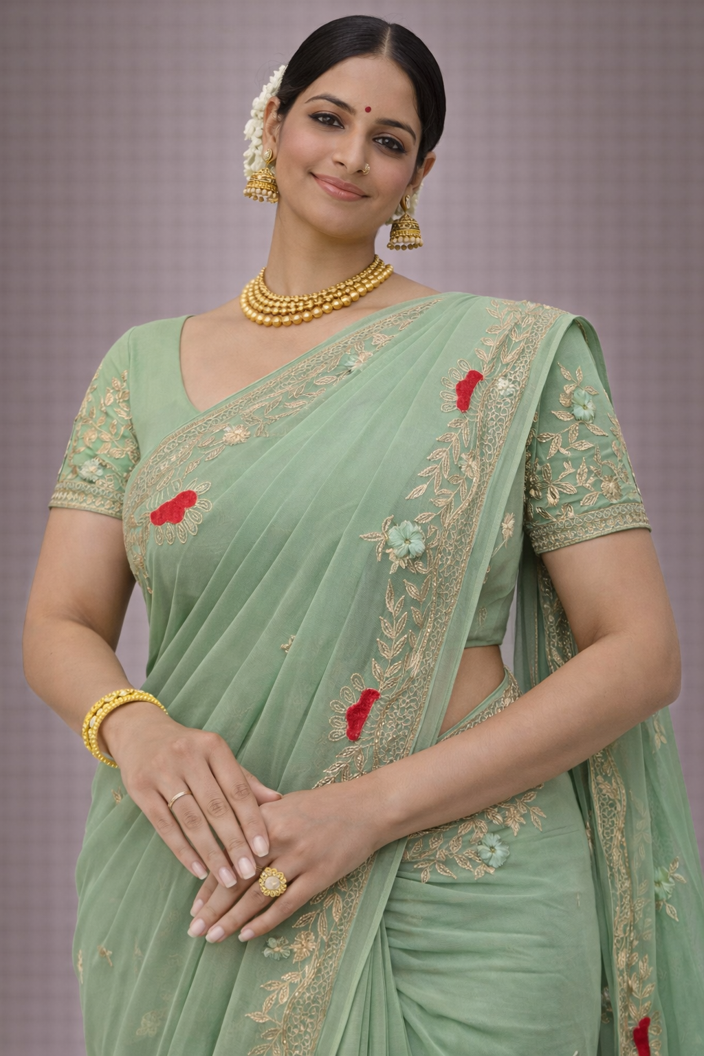 Mint Blossom Embroidered Saree