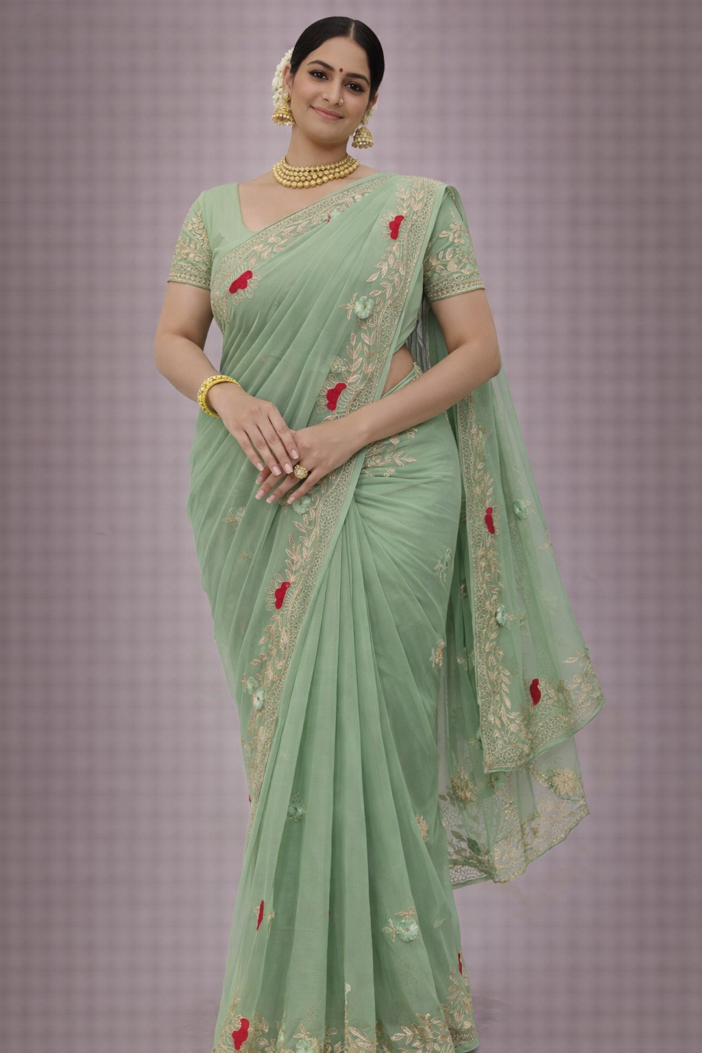 Mint Blossom Embroidered Saree