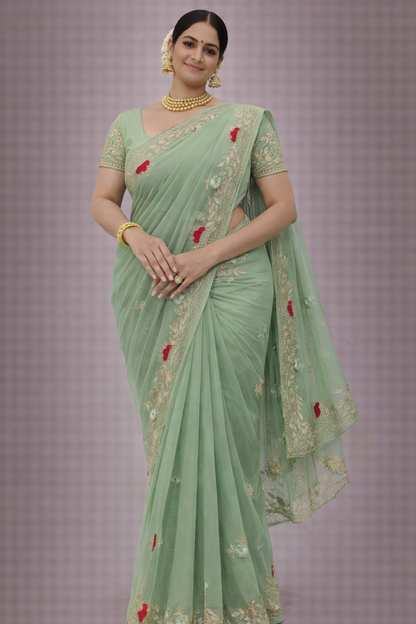 Mint Blossom Embroidered Saree