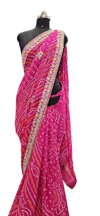 Pink Gulnaar Bandhani Embroidered Saree