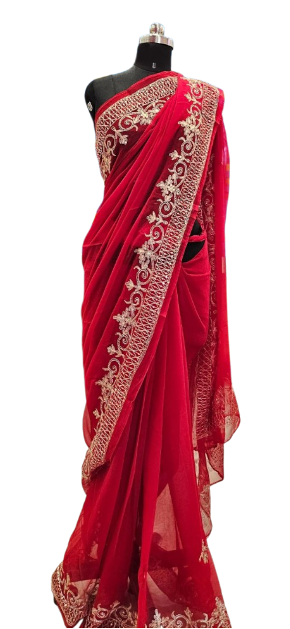 Royal Scarlet Zari Embroidered Saree