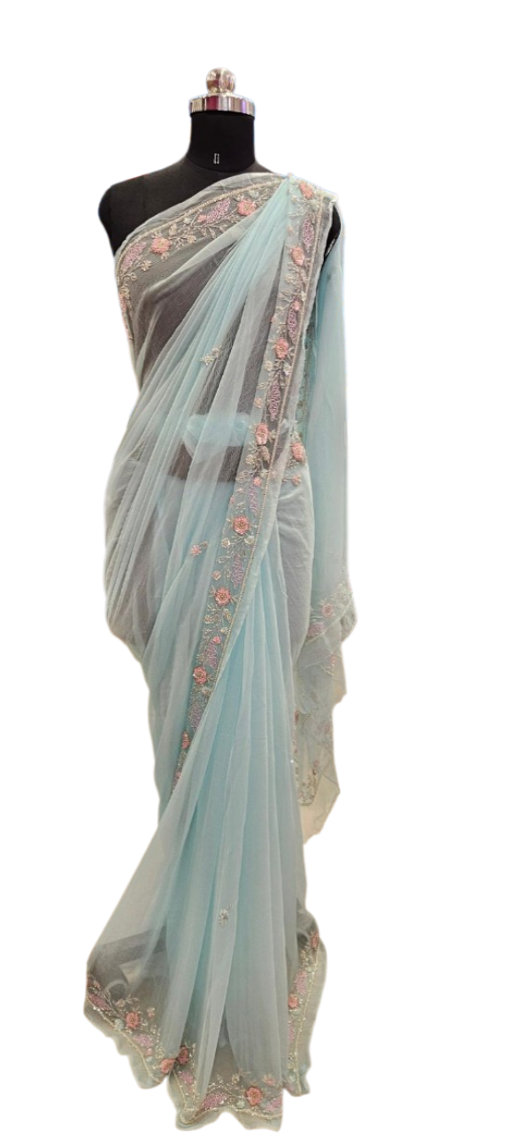 Aqua Mist Floral Embroidered Saree