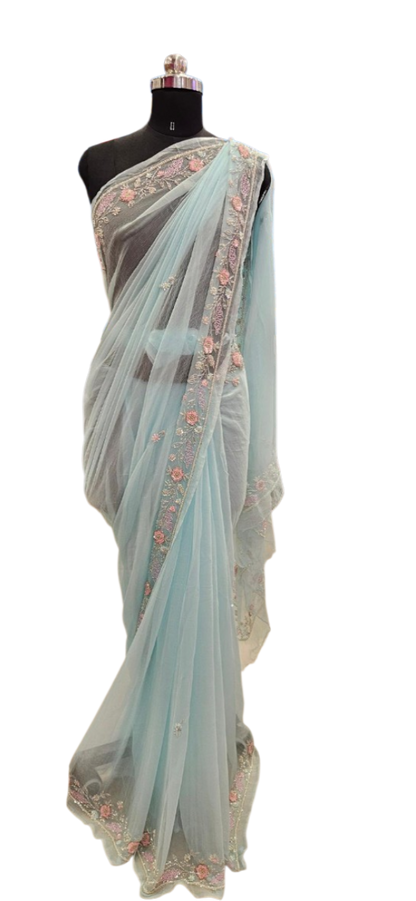 Aqua Mist Floral Embroidered Saree