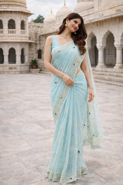 The Azure Whisper Pure Chiffon Saree