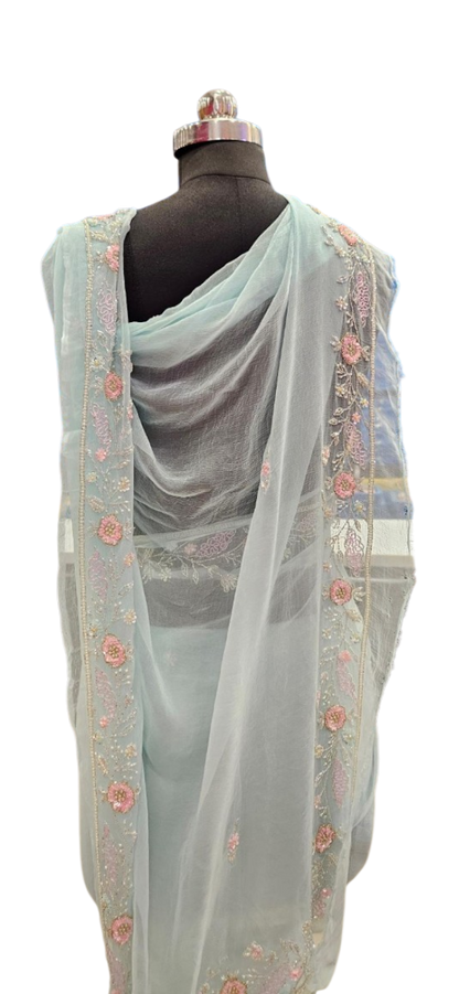 Aqua Mist Floral Embroidered Saree