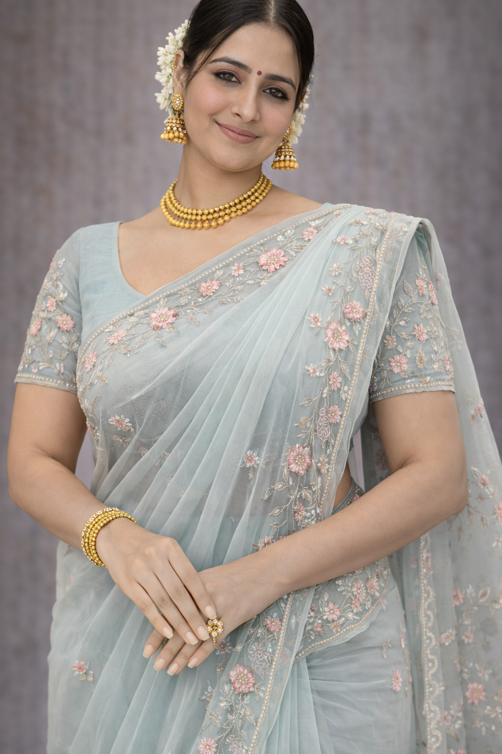 Aqua Mist Floral Embroidered Saree