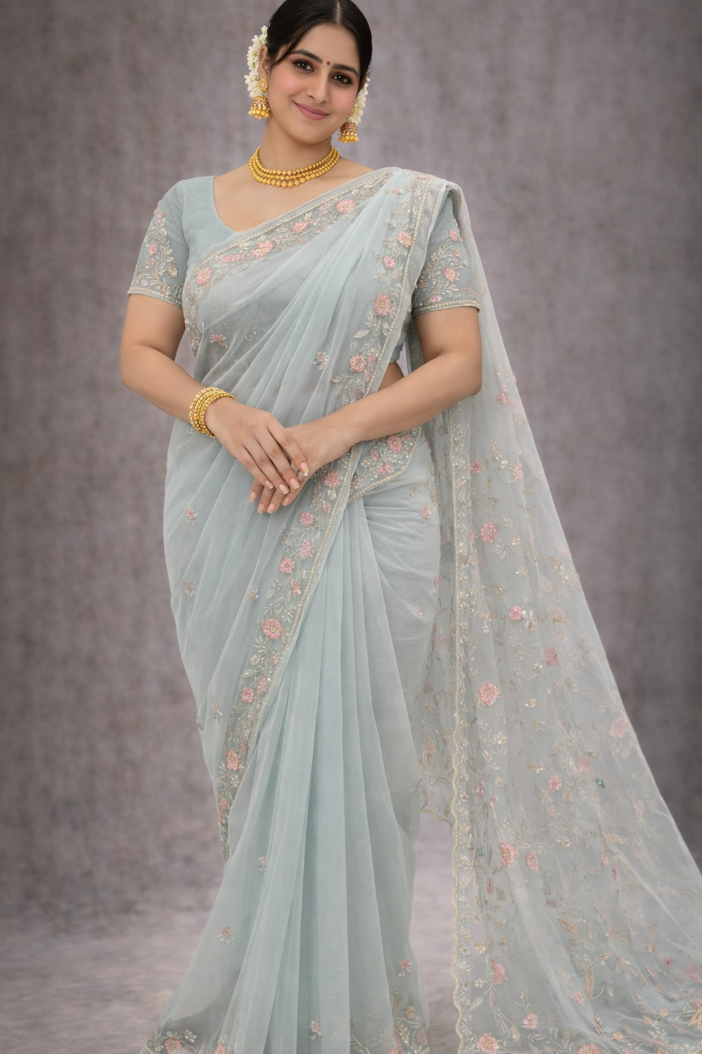 Aqua Mist Floral Embroidered Saree