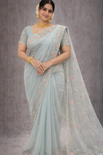Aqua Mist Floral Embroidered Saree