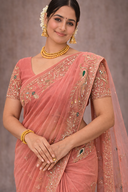 Blush Peacock Embroidered Saree