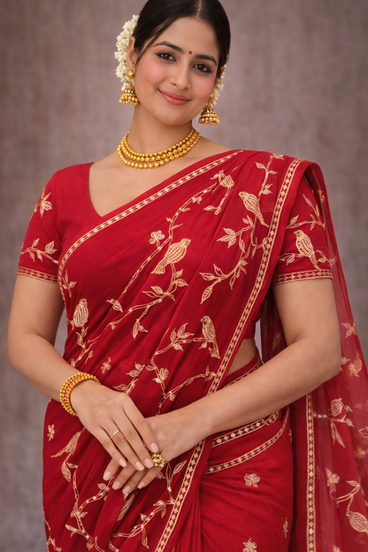 Crimson Bird Embroidered Saree