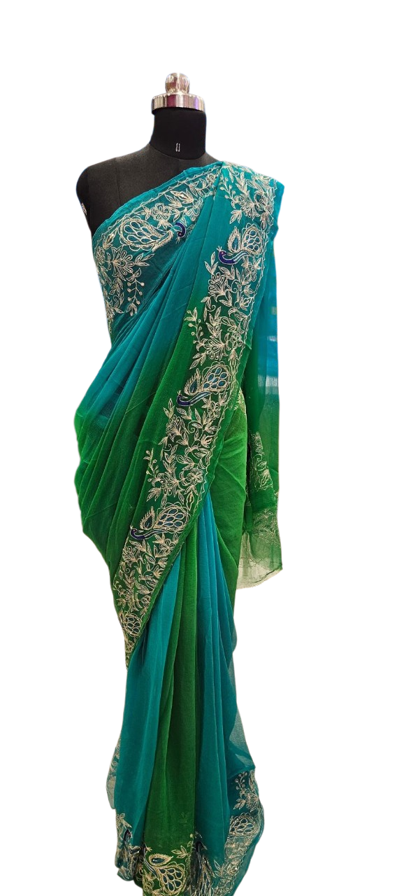 Emerald Peacock Embroidered Saree