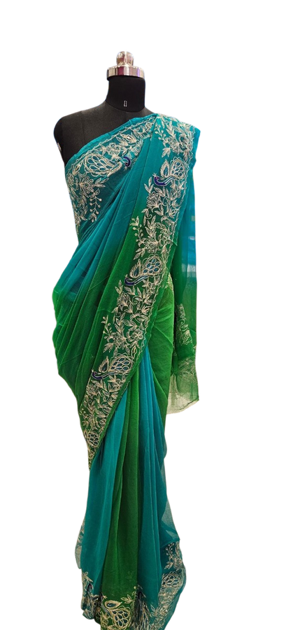 Emerald Peacock Embroidered Saree