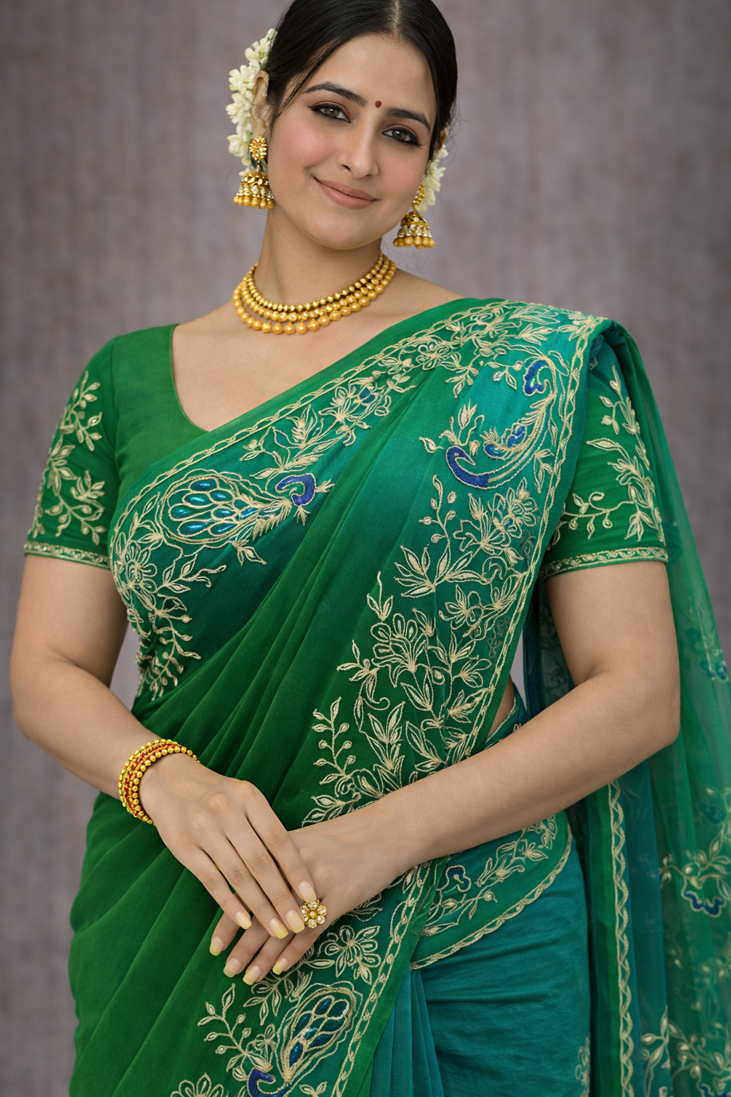 Emerald Peacock Embroidered Saree