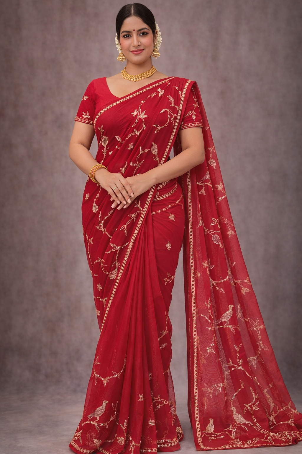 Crimson Bird Embroidered Saree