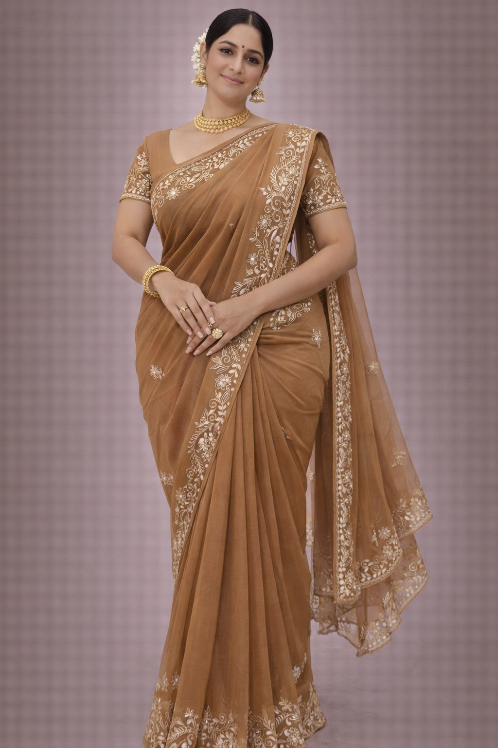 Mocha Elegance Embroidered Saree