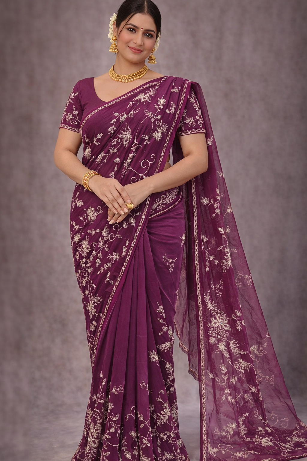 Royal Wine Floral Embroidered Saree
