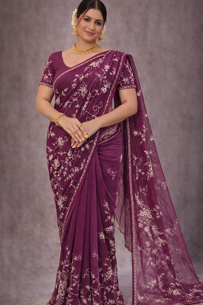 Royal Wine Floral Embroidered Saree