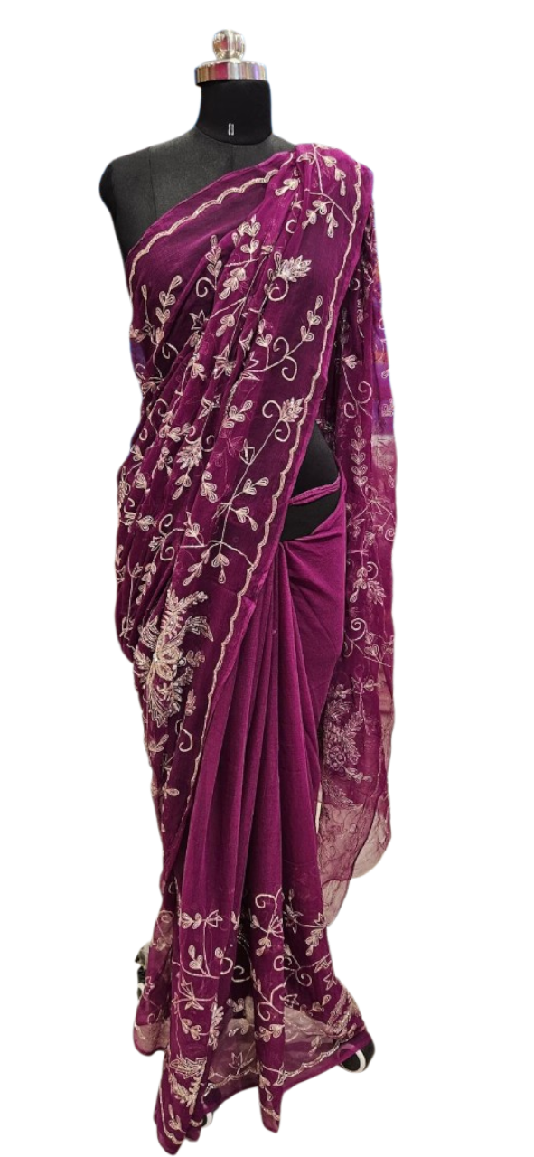 Royal Wine Floral Embroidered Saree