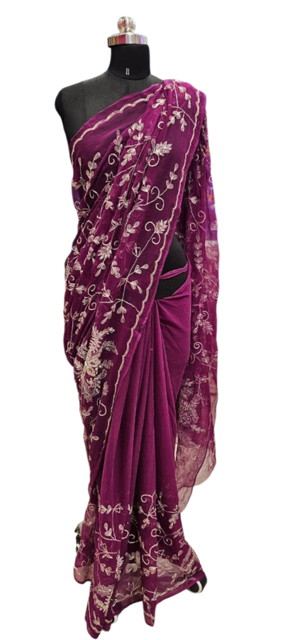Royal Wine Floral Embroidered Saree