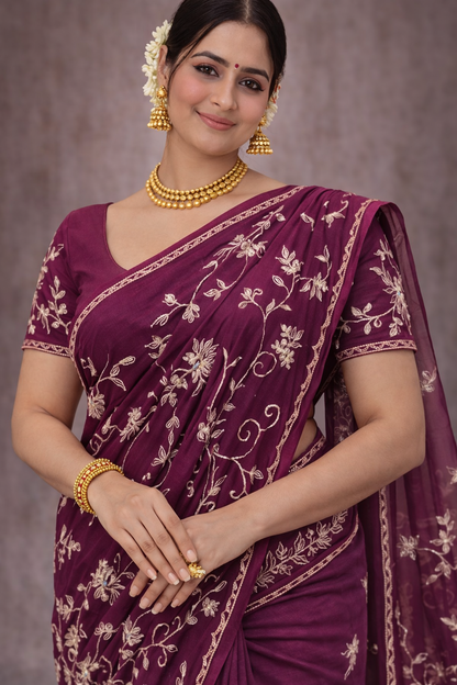 Royal Wine Floral Embroidered Saree
