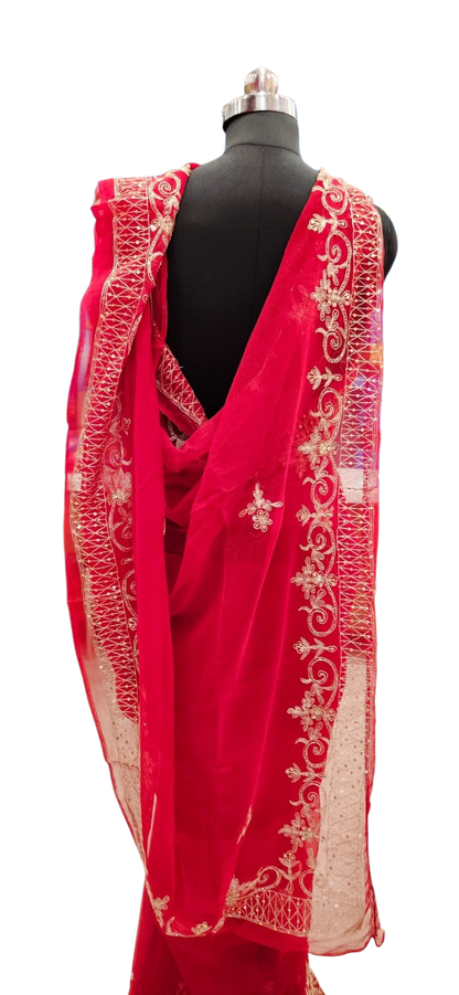 Royal Scarlet Zari Embroidered Saree