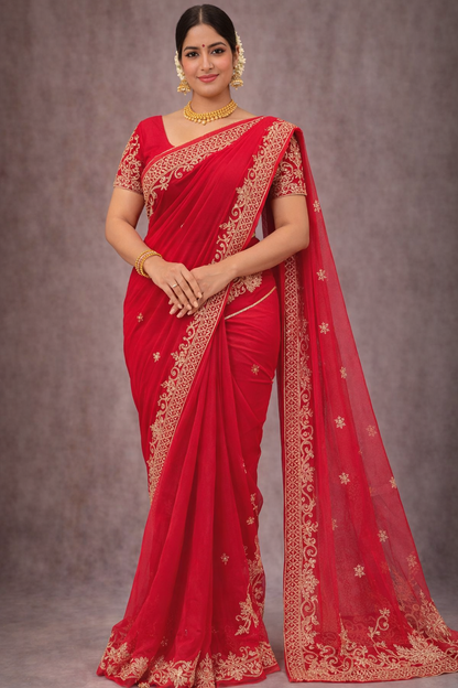 Royal Scarlet Zari Embroidered Saree