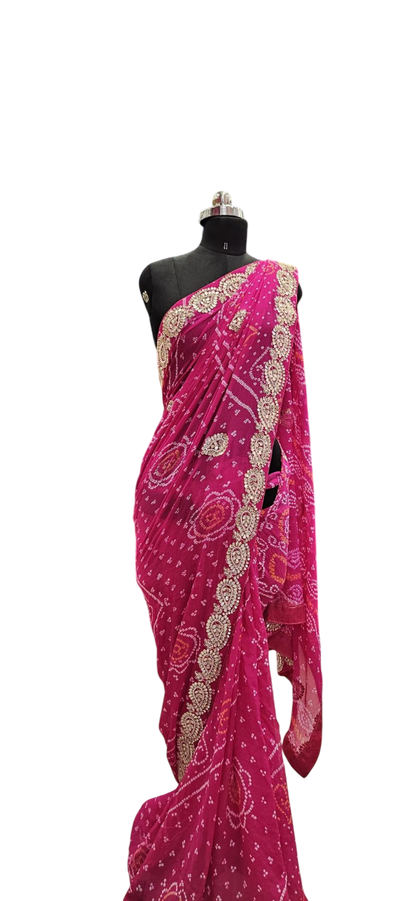 Rani Pink Bandhani Mirrorwork Saree