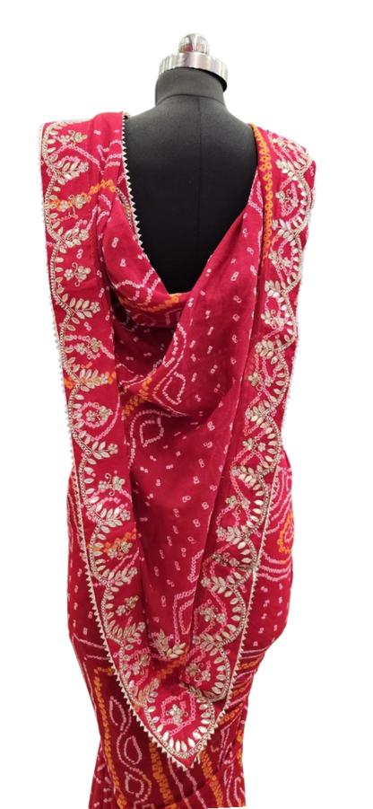 Rani Red Bandhani Embroidered Saree