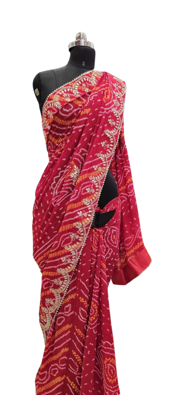 Rani Red Bandhani Embroidered Saree
