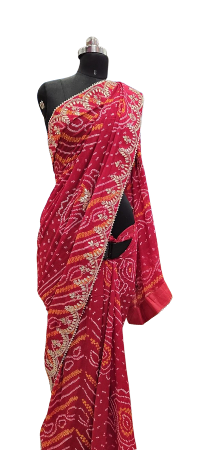 Rani Red Bandhani Embroidered Saree