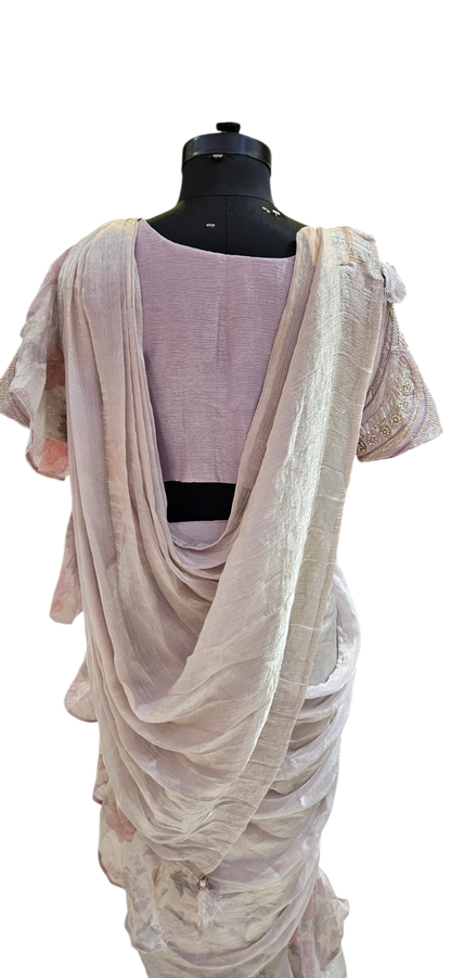 The Lavender Ruffle Fusion Saree With Designer Stitch Blouse