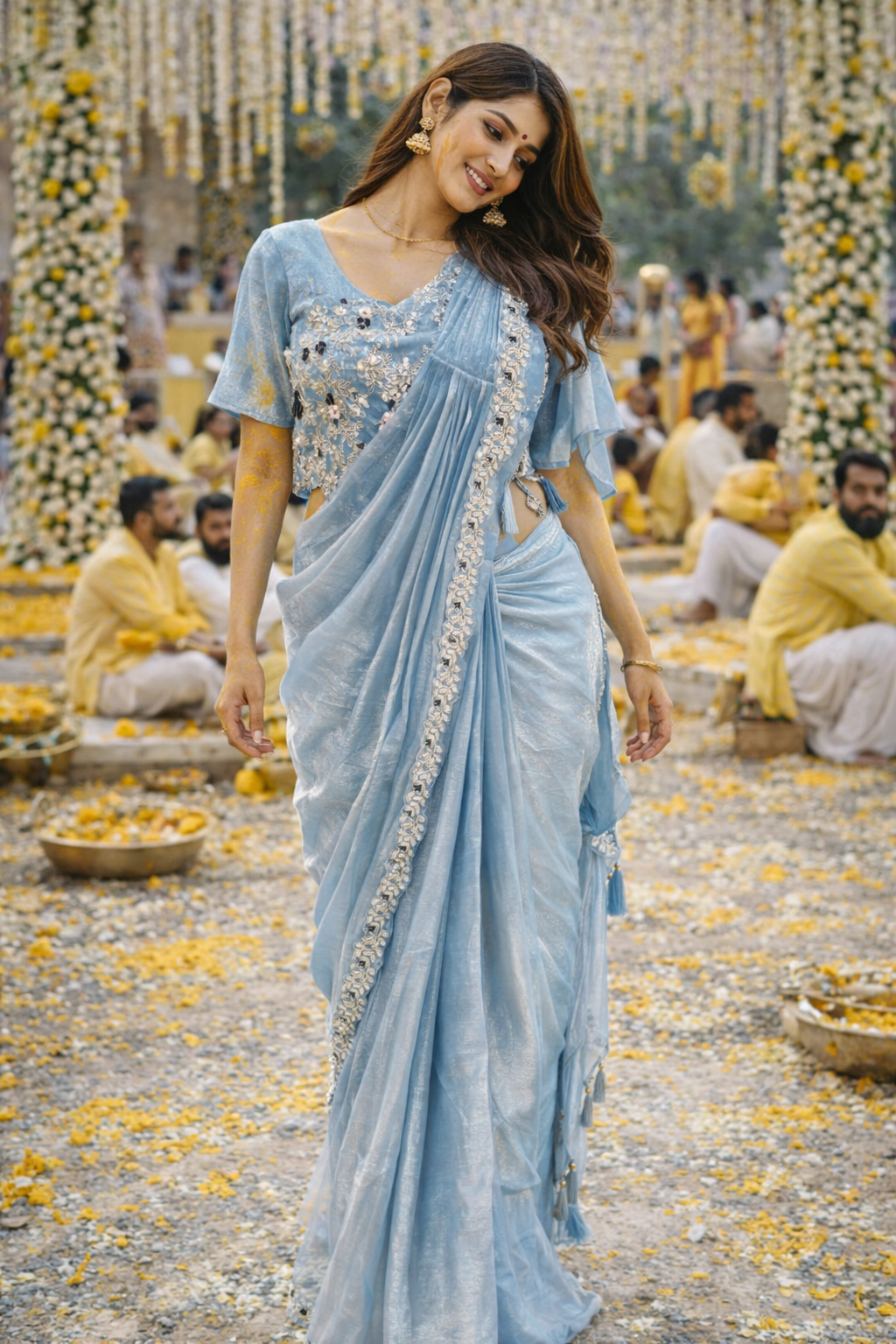 The Powder Blue Ethereal Saree With Designer Stitch Blouse