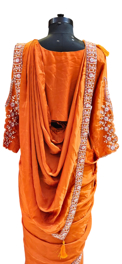 The Rust Paisley Fusion Saree With Designer Stitch Blouse
