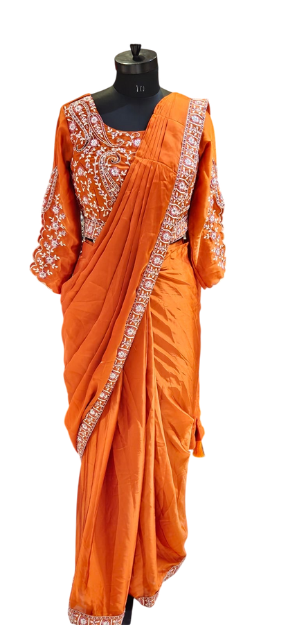 The Rust Paisley Fusion Saree With Designer Stitch Blouse