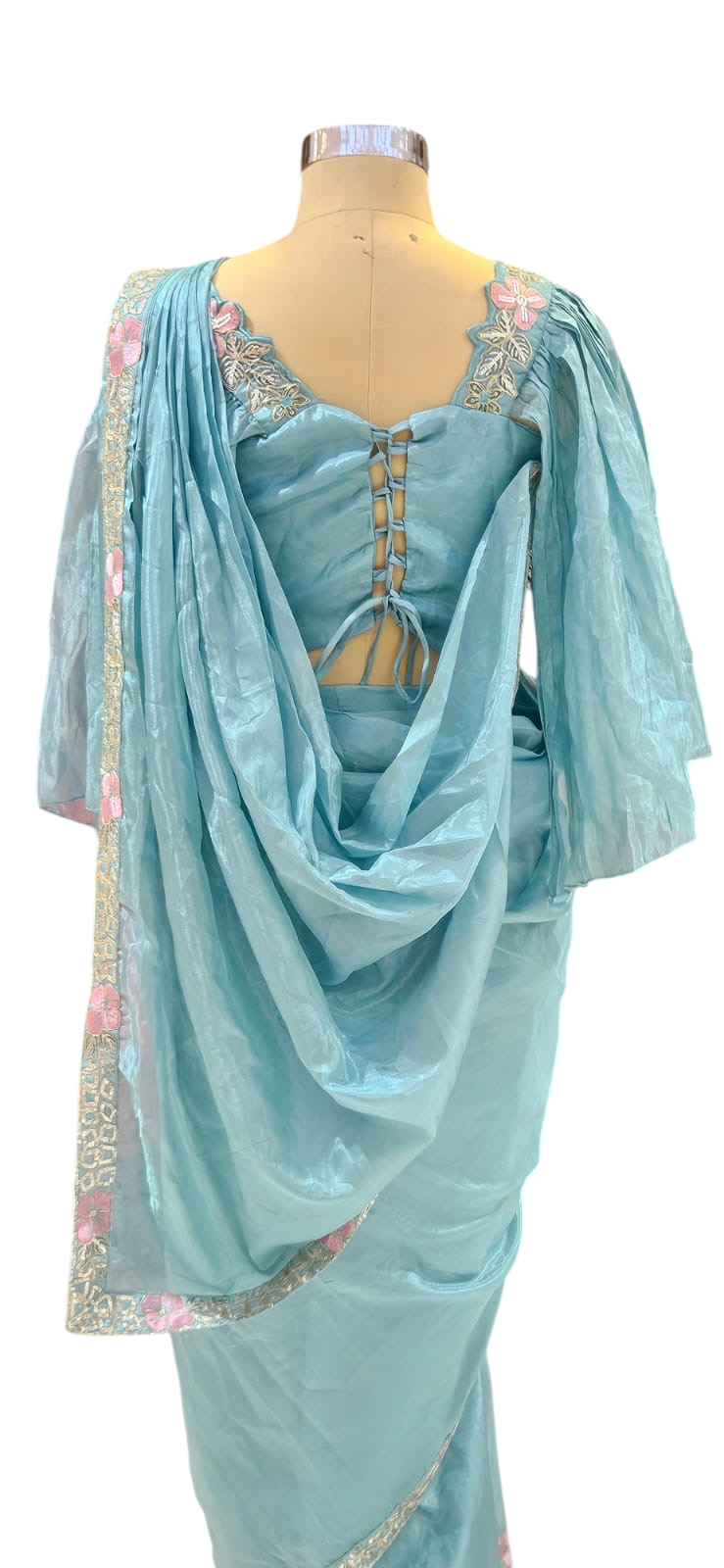 The Aquamarine Bloom Saree With Designer Stitch Blouse