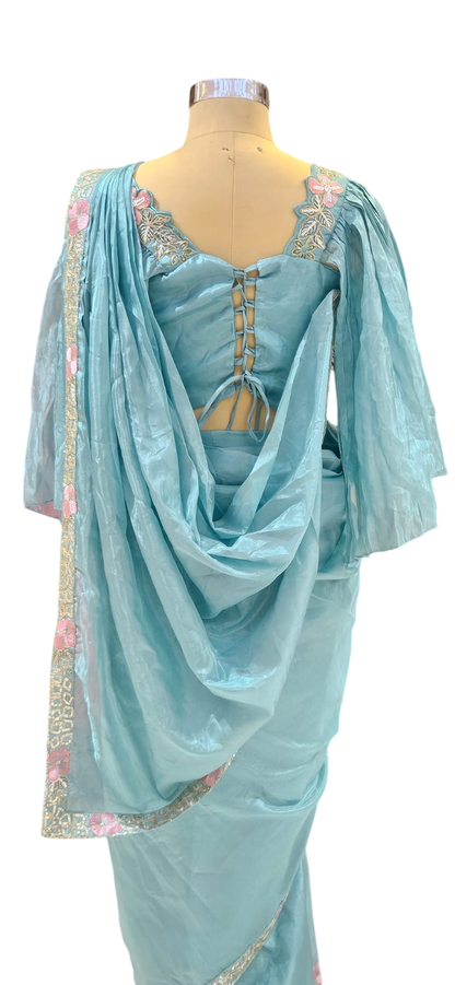 The Aquamarine Bloom Saree With Designer Stitch Blouse