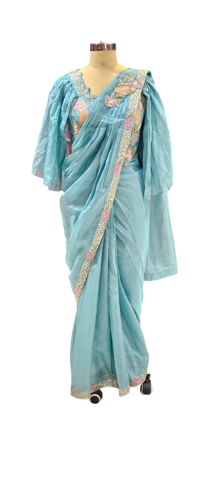 The Aquamarine Bloom Saree With Designer Stitch Blouse