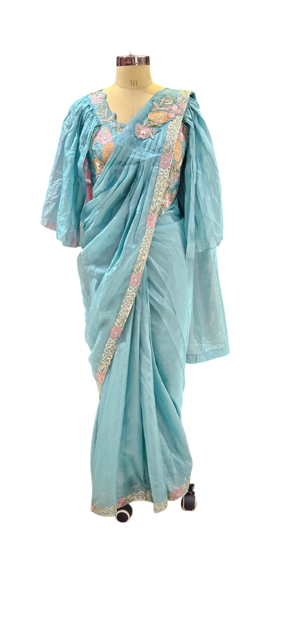 The Aquamarine Bloom Saree With Designer Stitch Blouse