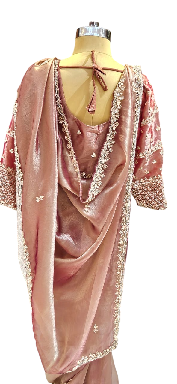 The Rose Gold Shimmer Saree With Designer Stitch Blouse