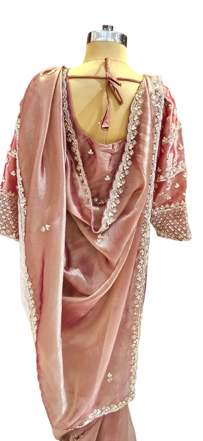 The Rose Gold Shimmer Saree With Designer Stitch Blouse