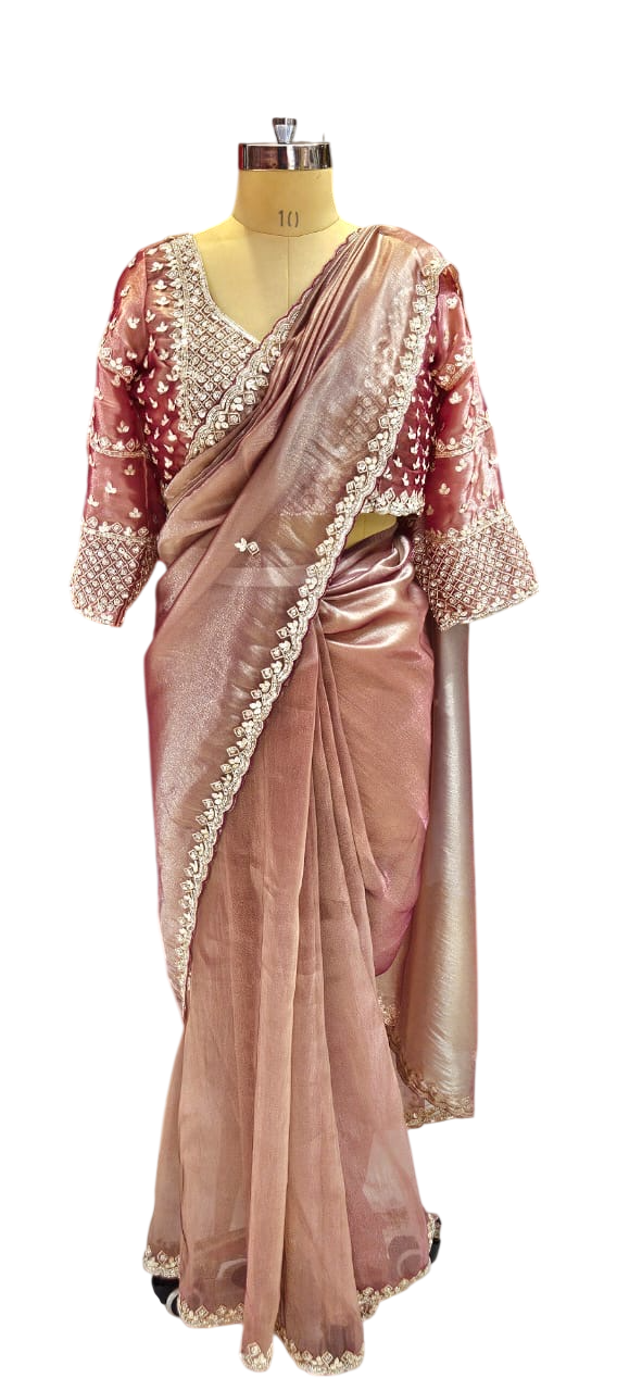 The Rose Gold Shimmer Saree With Designer Stitch Blouse