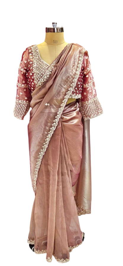The Rose Gold Shimmer Saree With Designer Stitch Blouse