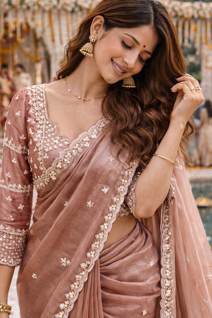 The Rose Gold Shimmer Saree With Designer Stitch Blouse