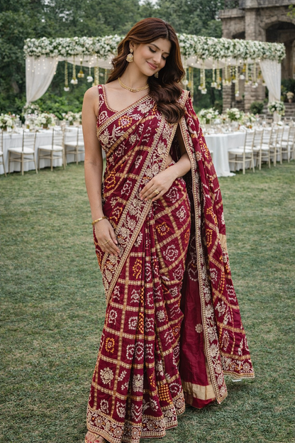 The Gilded Sunset Bandhani/Bandhej Saree