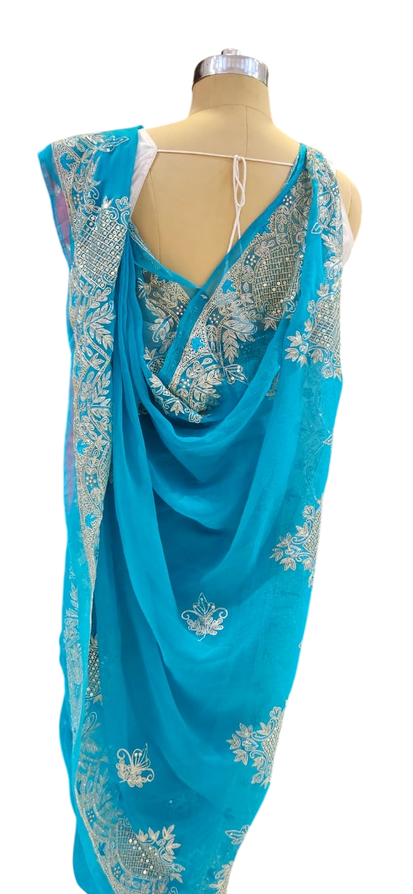 The Cerulean Sparkle Pure Chiffon Saree