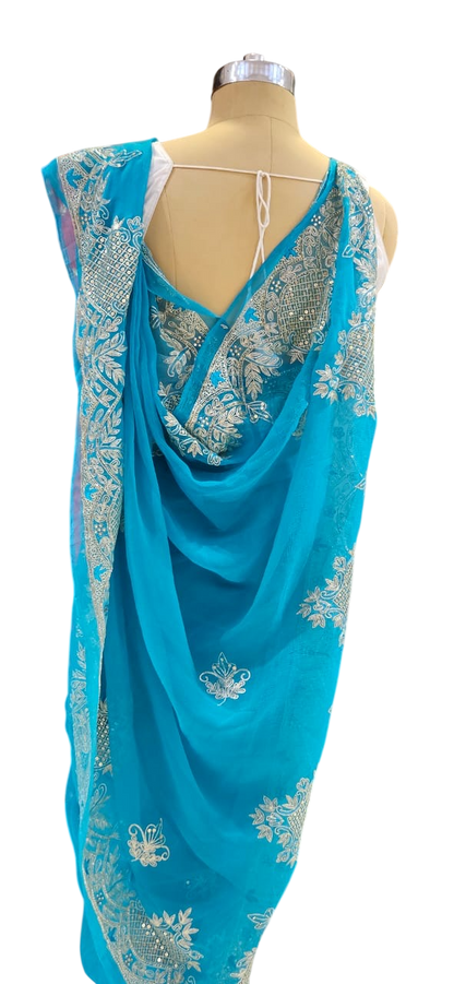 The Cerulean Sparkle Pure Chiffon Saree