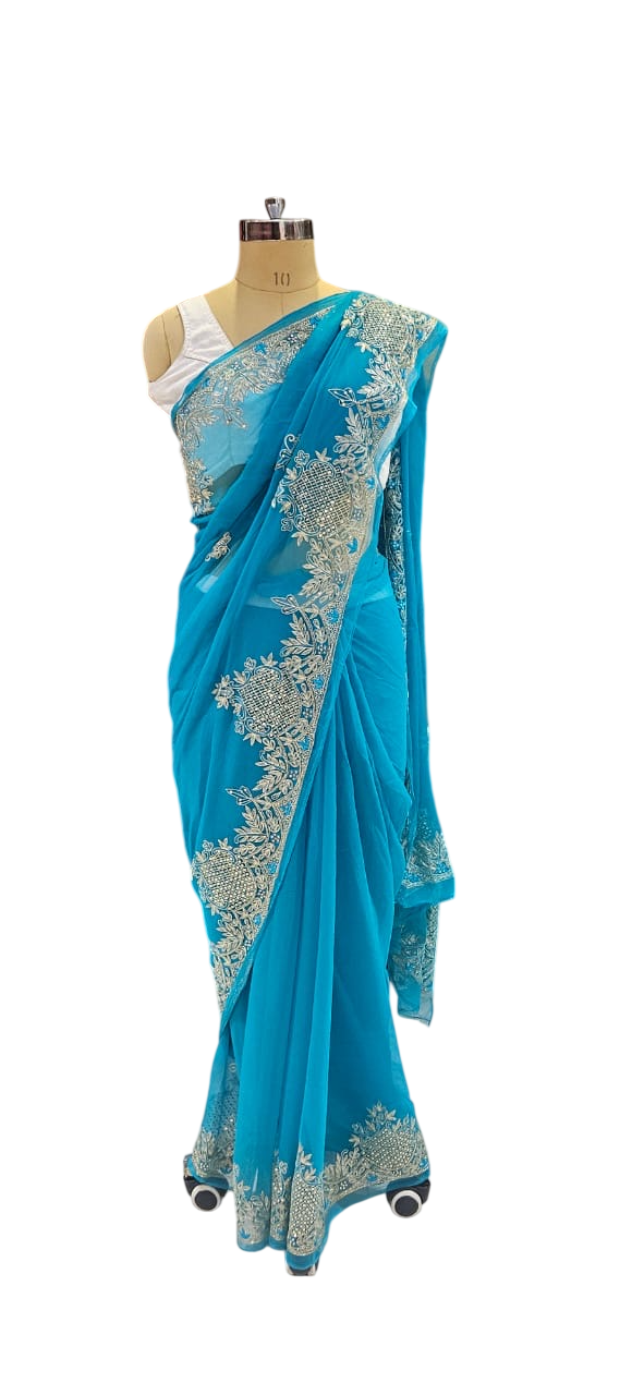 The Cerulean Sparkle Pure Chiffon Saree
