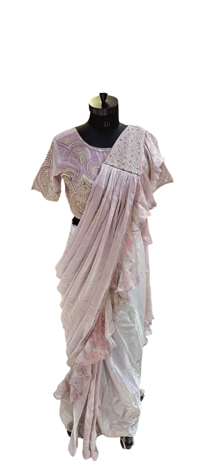 The Lavender Ruffle Fusion Saree With Designer Stitch Blouse